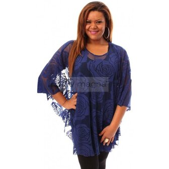 M-04 BLAUW KANTEN PONCHO M-04 - PONCHO WINGS CHIFFON- PRINT 1 MAAT