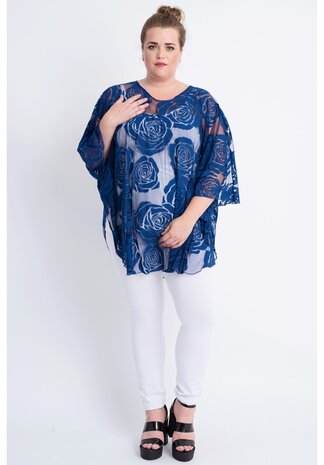 M-04 BLAUW KANTEN PONCHO M-04 - PONCHO WINGS CHIFFON- PRINT 1 MAAT